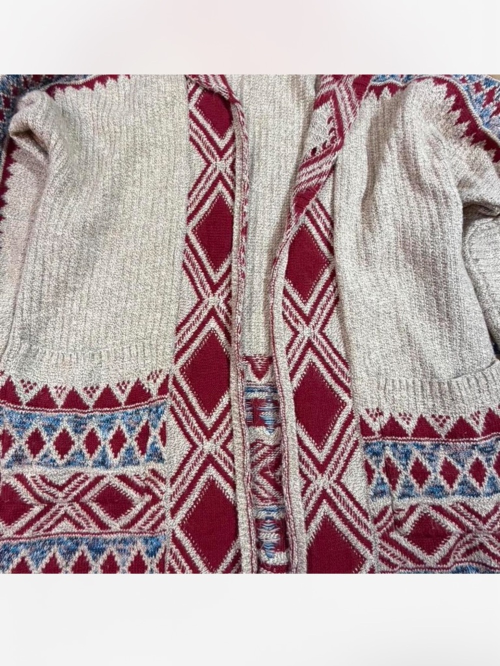 Lucky Brand Southwestern Knit Hooded Cardigan Open Front Boho Cozy Size L cabin - Picture 3 of 8